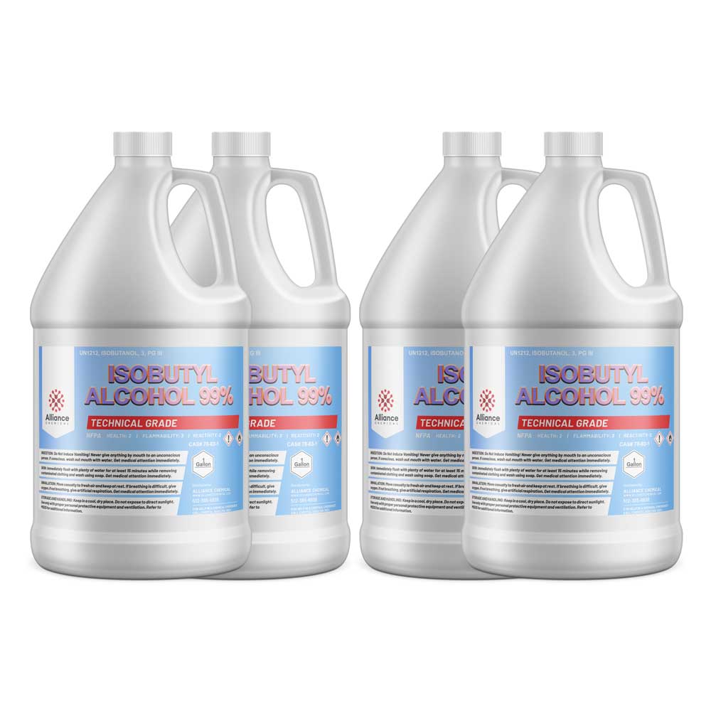 4-gallon case (4x1-gallon) of 99% Isobutyl Alcohol technical grade in white HDPE jugs with safety warnings, Alliance Chemical brand, GHS symbols.